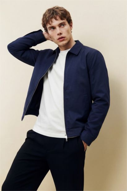 Regular Fit Shirt Collar Half Lined Zip-Up Jacket