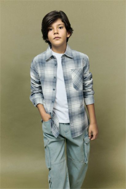 قميص كاروهات اولادي كم طويل فلانيل اوفر سايز بياقة بولو