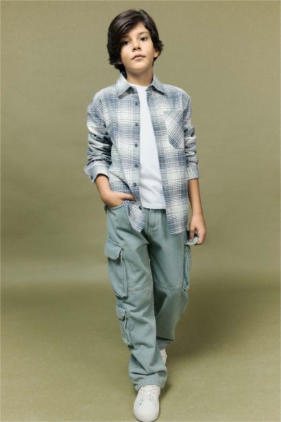 قميص كاروهات اولادي كم طويل فلانيل اوفر سايز بياقة بولو