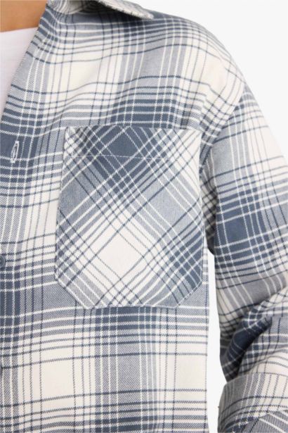 قميص كاروهات اولادي كم طويل فلانيل اوفر سايز بياقة بولو