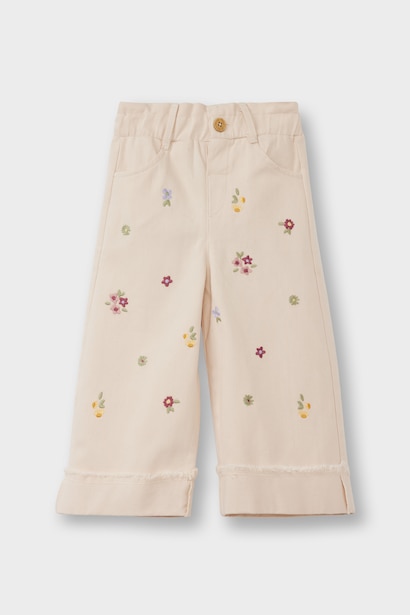 %100 Pamuk Kız Bebek Standart Fit Beli Lastikli Çiçekli Gabardin Pantolon