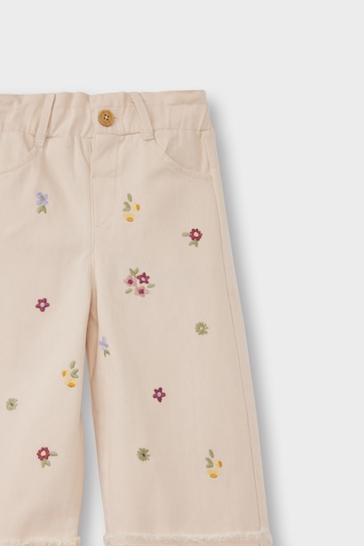%100 Pamuk Kız Bebek Standart Fit Beli Lastikli Çiçekli Gabardin Pantolon
