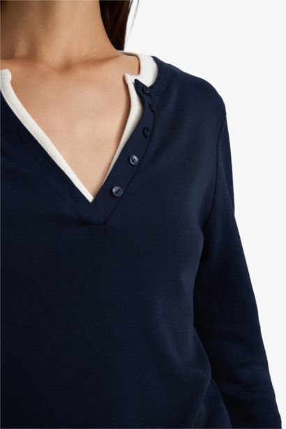 Slim Fit Button down Collar Ribbed Long Sleeve T-Shirt