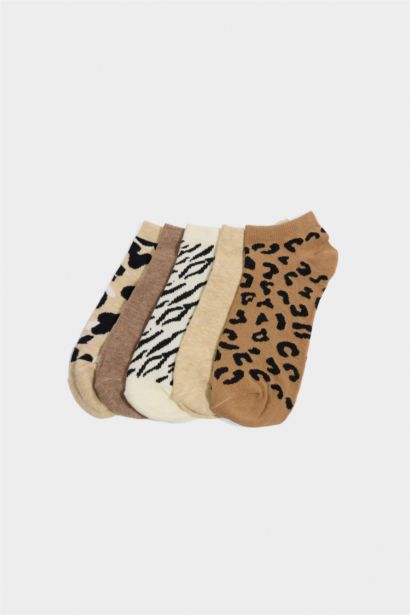 Kadın Leopar Desenli 5'li Pamuklu Patik Çorap