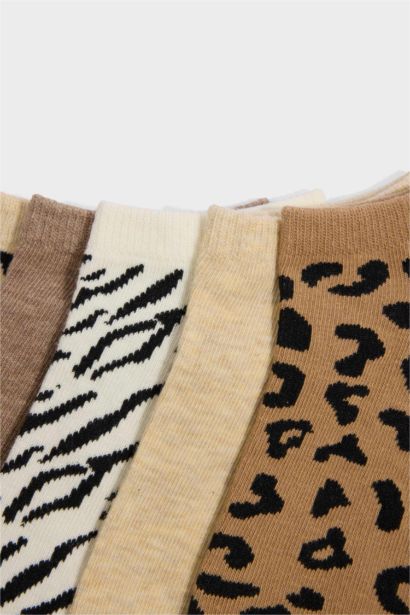 Kadın Leopar Desenli 5'li Pamuklu Patik Çorap