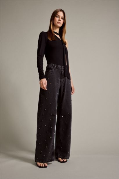 %100 Pamuk Relax Fıt Geniş Paça Taşlı Jean Pantolon