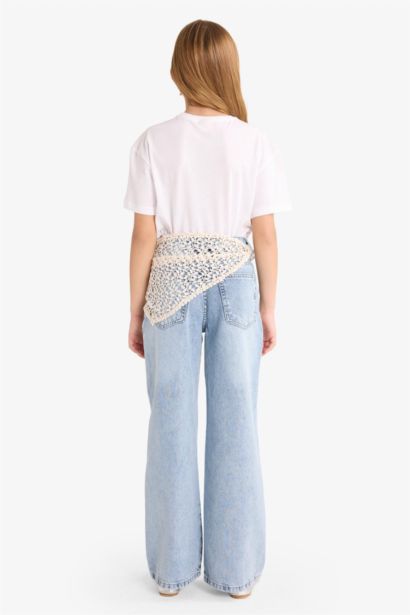 بنطلون جينز بناتي قصة مستقيمة برجل واسع