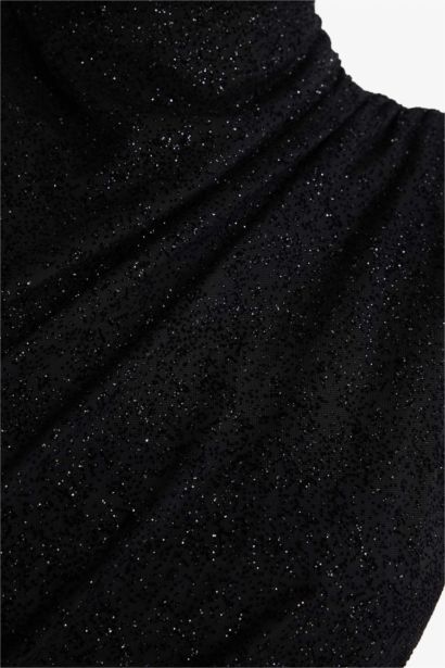 Regular Fit Dik Yaka Parlak Kumaş Tül Kolsuz Midi Elbise