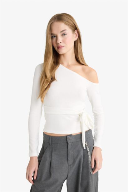 Fitted Tek Omuzlu Bağlama Detaylı Uzun Kollu Bluz