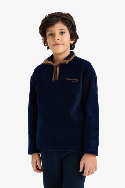 Yarım Balıkçı Yaka Fermuarlı Nakışlı İçi Yumuşak Tüylü Polar Sweatshirt Erkek Çocuk