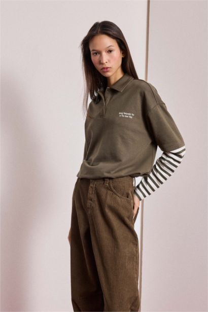 Loose Fit Polo Yaka Baskılı Uzun Kollu Tişört