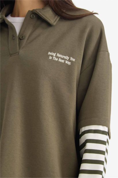 Loose Fit Polo Yaka Baskılı Uzun Kollu Tişört