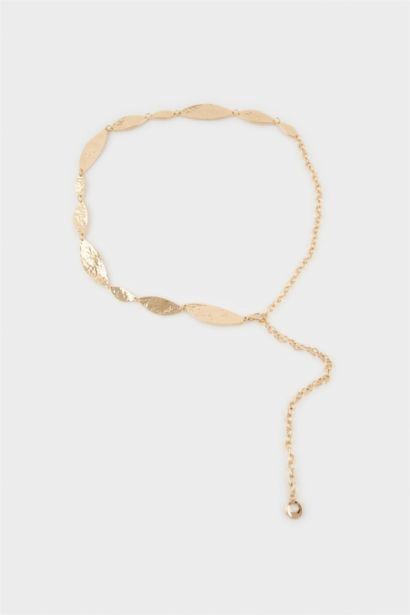 Kadın Gold Parlak Desenli Metal Zincir Kemer