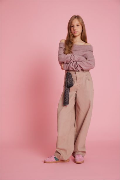 Брюки для девочки Baggy Fit с леопардовым шарфом, из габардина