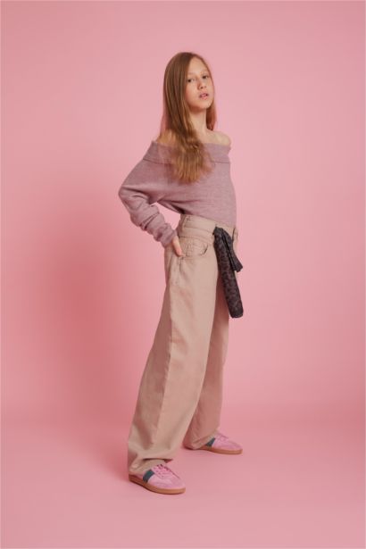 Брюки для девочки Baggy Fit с леопардовым шарфом, из габардина