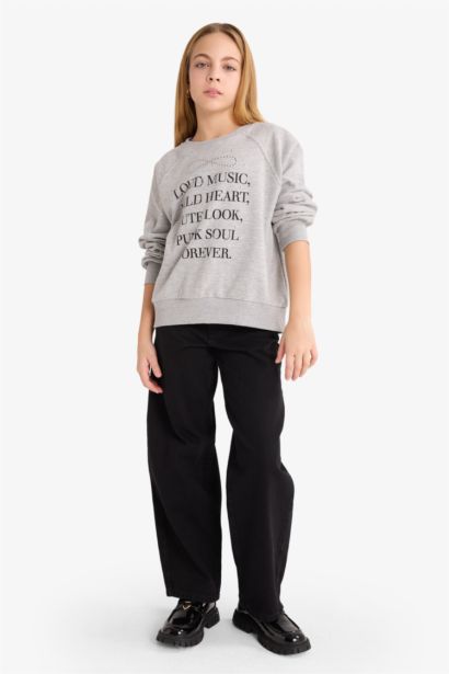 Relax Fit Bisiklet Yaka Baskılı Sweatshirt Kız Çocuk