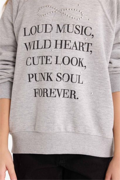 Relax Fit Bisiklet Yaka Baskılı Sweatshirt Kız Çocuk