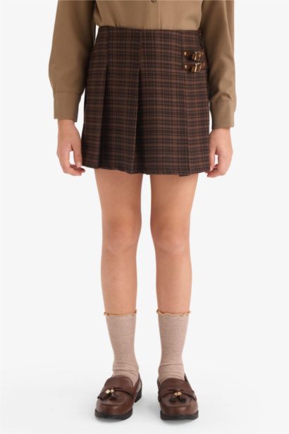 Pileli Kareli Süet Şort Etek Kız Çocuk