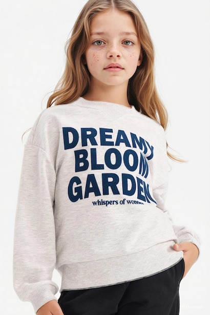 Relax Fit Bisiklet Yaka Baskılı Sweatshirt Kız Çocuk