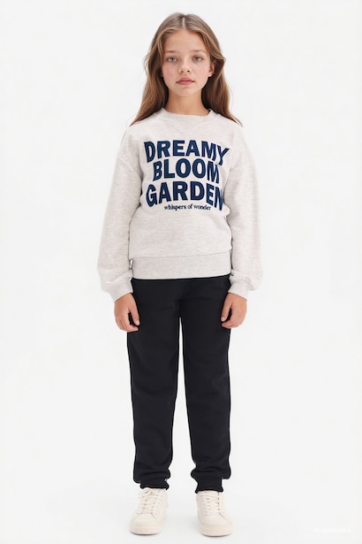 Relax Fit Bisiklet Yaka Baskılı Sweatshirt Kız Çocuk