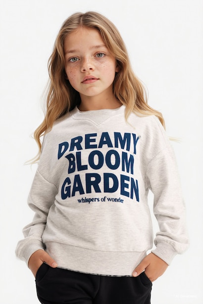 Relax Fit Bisiklet Yaka Baskılı Sweatshirt Kız Çocuk
