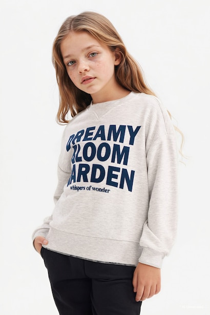 Relax Fit Bisiklet Yaka Baskılı Sweatshirt Kız Çocuk