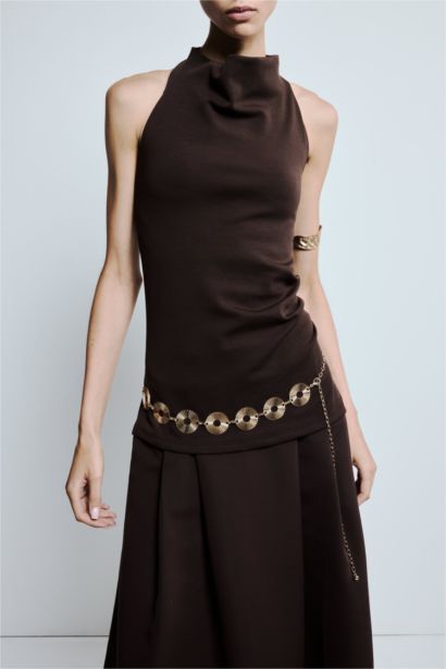 Kadın Gold Yuvarlak Desenli Metal Zincir Kemer