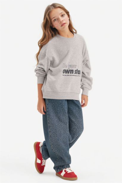 Relax Fit Bisiklet Yaka Baskılı Sweatshirt Kız Çocuk