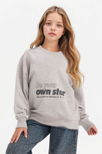 Relax Fit Bisiklet Yaka Baskılı Sweatshirt Kız Çocuk