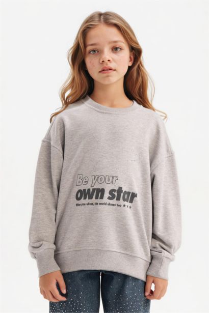 Relax Fit Bisiklet Yaka Baskılı Sweatshirt Kız Çocuk