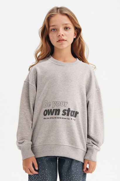 Relax Fit Bisiklet Yaka Baskılı Sweatshirt Kız Çocuk