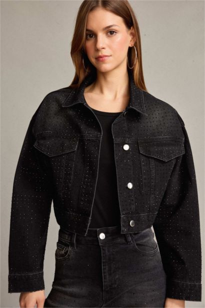 %100 Pamuk Düğmeli Crop Denim Ceket