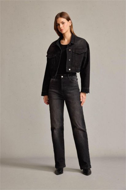 %100 Pamuk Düğmeli Crop Denim Ceket