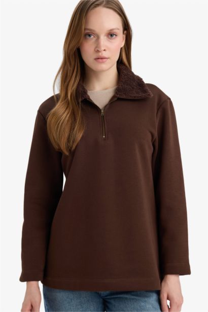 Regular Fit Fermuarlı Yaka İçi Yumuşak Tüylü Kalın Sweatshirt Tunik