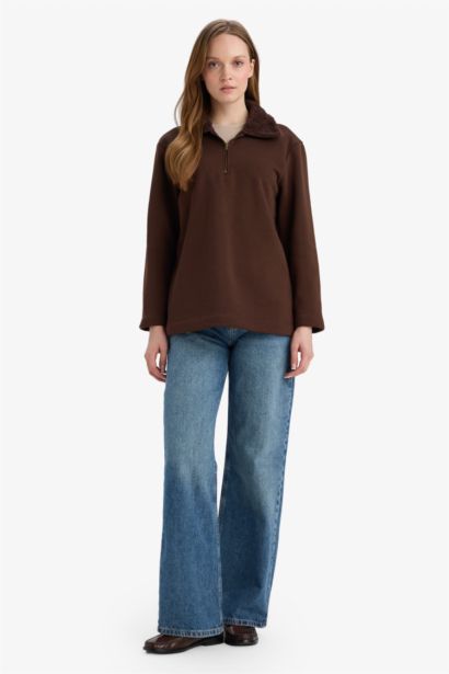 Regular Fit Fermuarlı Yaka İçi Yumuşak Tüylü Kalın Sweatshirt Tunik