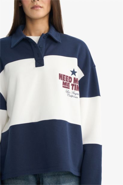 Regular Fit Polo Yaka Sırt Baskılı Sweatshirt