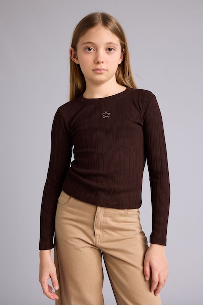 Slim Fit Dar Kesim Yıldızlı Fitilli Kaşkorse Uzun Kollu Tişört Kız Çocuk