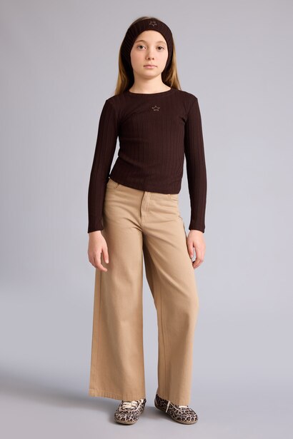 Slim Fit Dar Kesim Yıldızlı Fitilli Kaşkorse Uzun Kollu Tişört Kız Çocuk