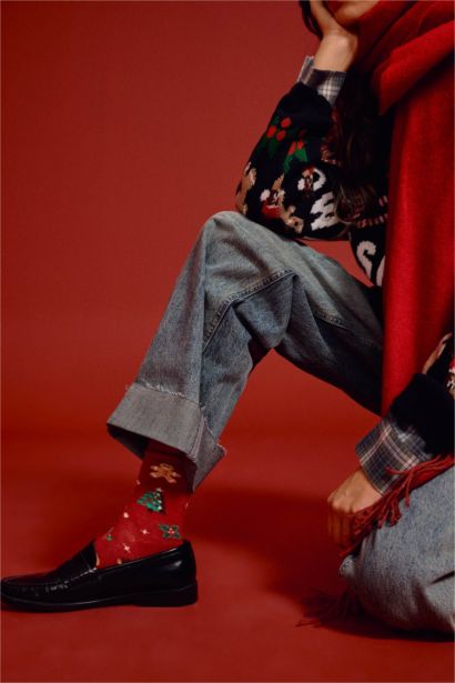 Kadın Yılbaşı Temalı 2'li Pamuklu Uzun Çorap