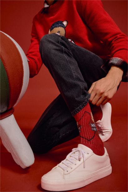 Erkek Yılbaşı Temalı Ayı Baskılı 2'li Pamuklu Uzun Çorap