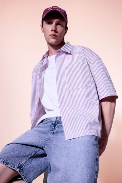 Boxy Fit Polo Collar Printed Striped Shirt