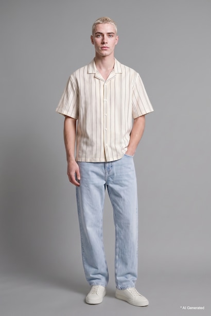 Boxy Fit Short Sleeve Striped White Shirt