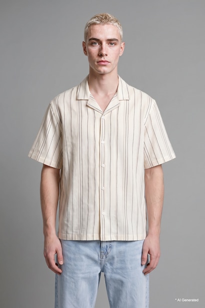 Boxy Fit Short Sleeve Striped White Shirt