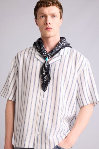 Boxy Fıt Apaş Yaka Çizgili Kısa Kollu Gömlek