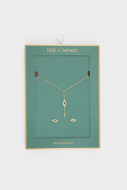 Reis X DeFacto Mavi Taşlı Gold Kolye Küpe Set