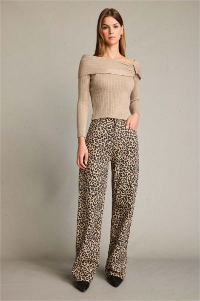 %100 Pamuk Leopar Desenli Geniş Paça Pantolon