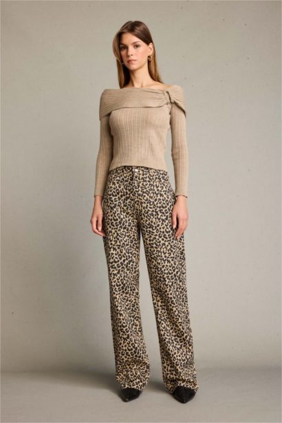 %100 Pamuk Leopar Desenli Geniş Paça Pantolon