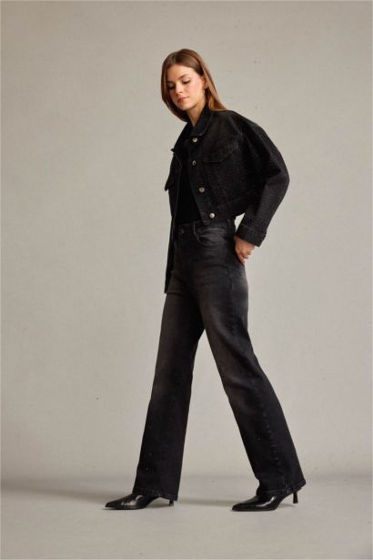 Baggy Fit Taşlı Jean Pantolon