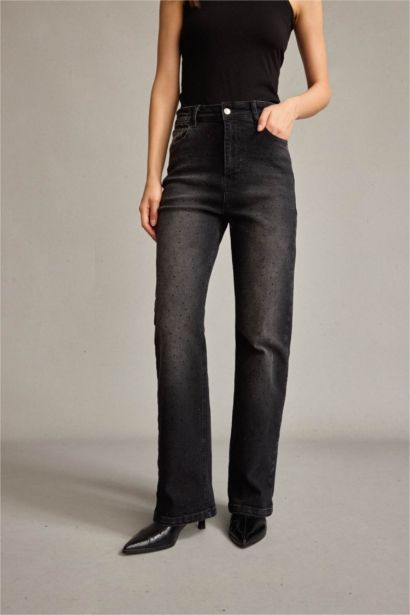 Baggy Fit Taşlı Jean Pantolon