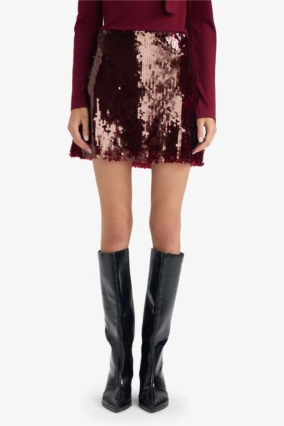 Slim Fit Sequined Fabric Lined Normal Waist Mini Skirt